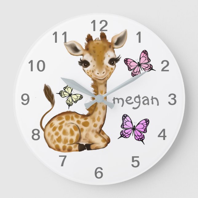 Baby Animal Giraffe Butterfly Nursery Wall Clock (Front)