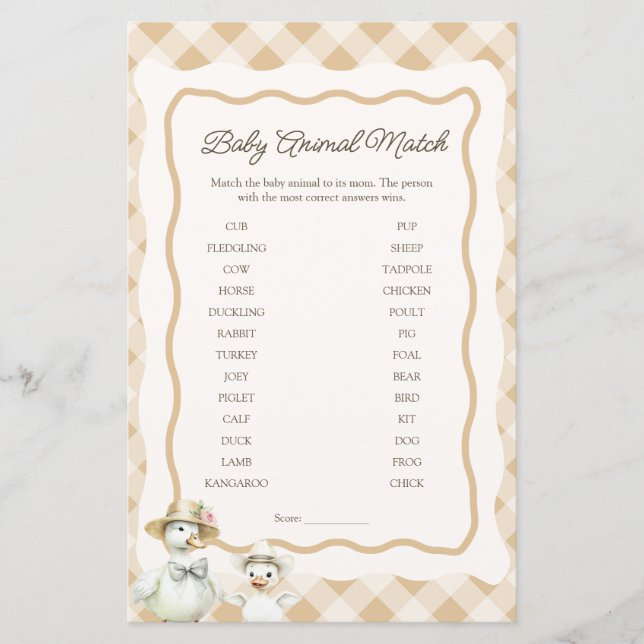 Baby Animal Match Goose & Gingham Baby Shower Game (Front)