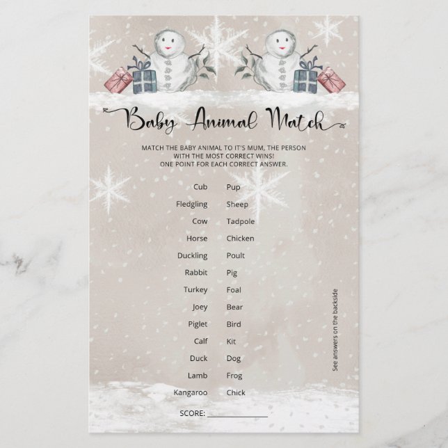 Baby Animal Match Snowman Baby Shower (Front)