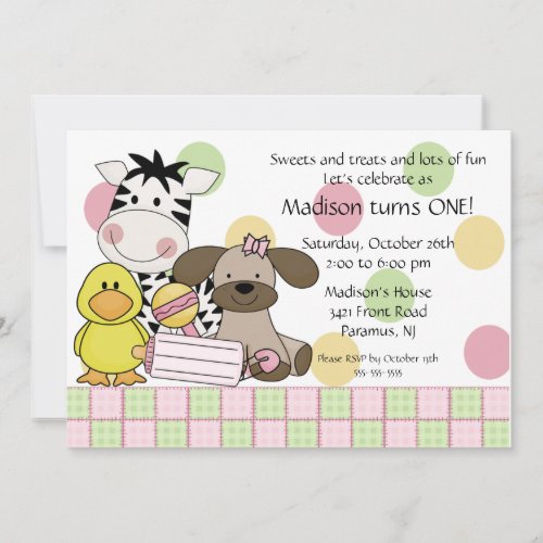 Baby Animals 1st Birthday Girl Invitation