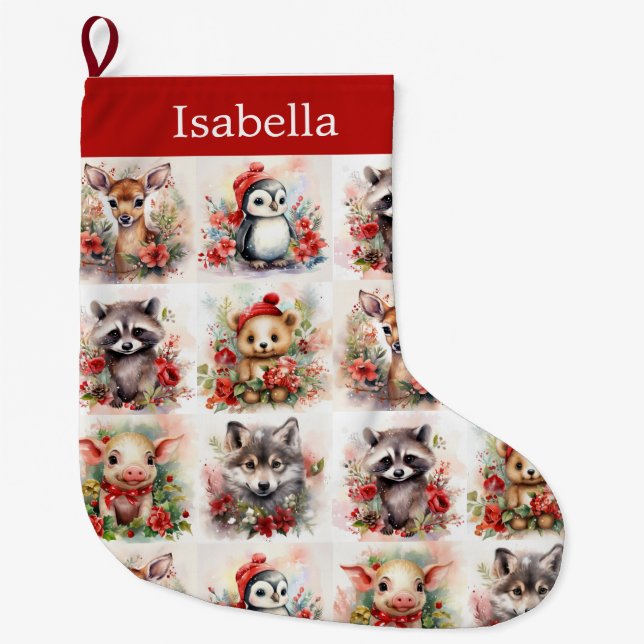 Baby Animals Add Name Cute Christmas Large Christmas Stocking (Front)