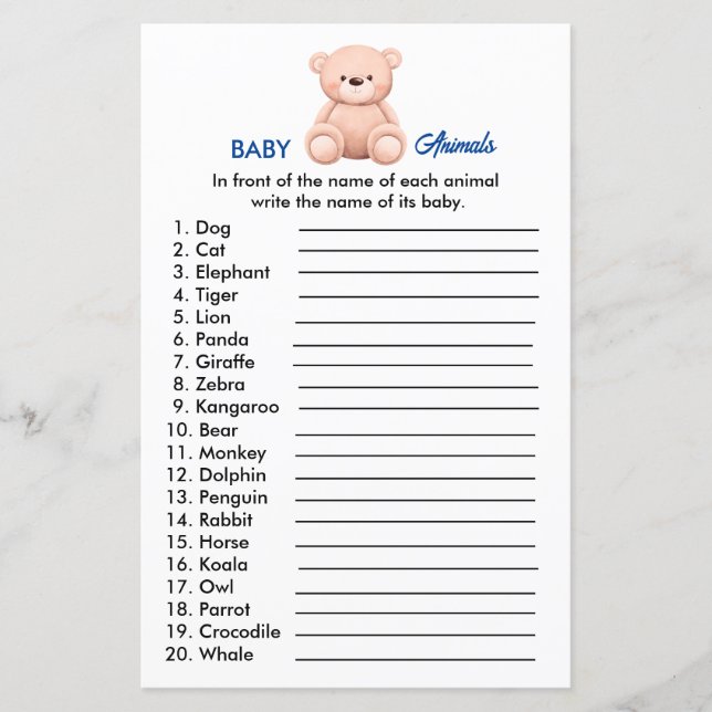 Baby Animals | Baby Boy Shower Paper Sheet (Front)