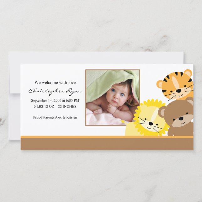 Baby Animals Baby Photo Birth Annoucement Announcement (Front)