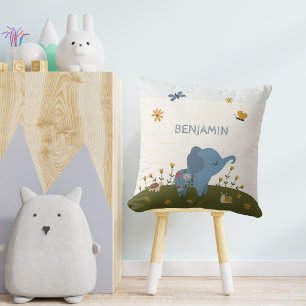 Baby Animals Blue Elephant Botanical Safari Throw Pillow
