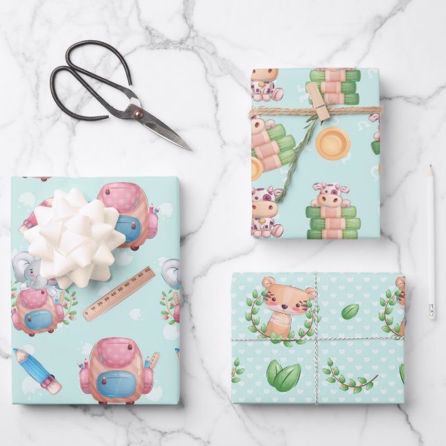 Baby Animals Blue for Boy Wrapping Paper Sheets (Front)