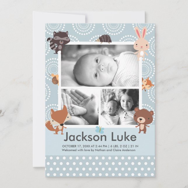 Baby Animals Boy Photo Birth Announcements (Front)