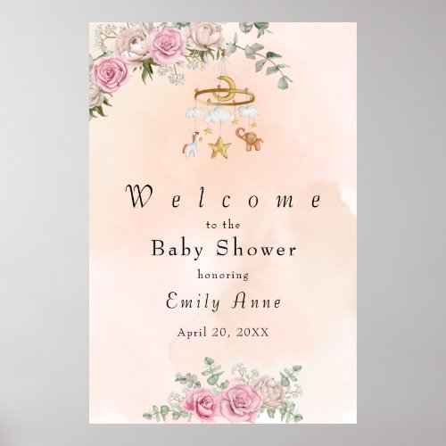Baby Animals Carousel Peach Baby Shower Poster