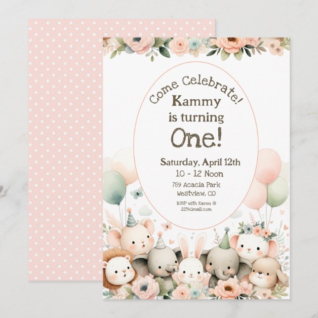 Baby Animals First Birthday Invitation (Front/Back)