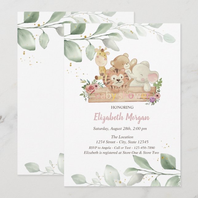 Baby Animals Flowers Leaves Baby Shower Invitation (Front/Back)