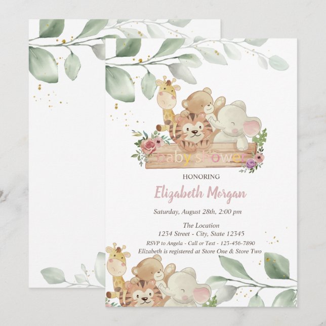 Baby Animals Forest Leaves Baby Shower Invitation (Front/Back)