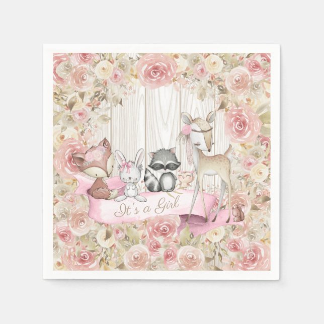 Baby Animals Girl Woodland Baby Shower Napkins (Front)