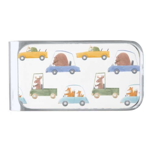 Baby animals hand_drawn watercolor pattern silver finish money clip
