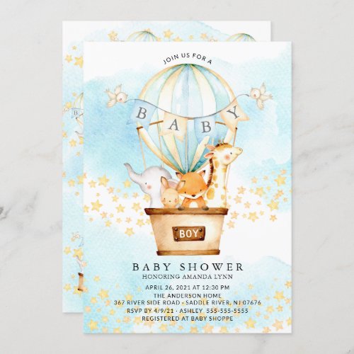 Baby Animals Hot Air Balloon Baby Boy Shower Invitation