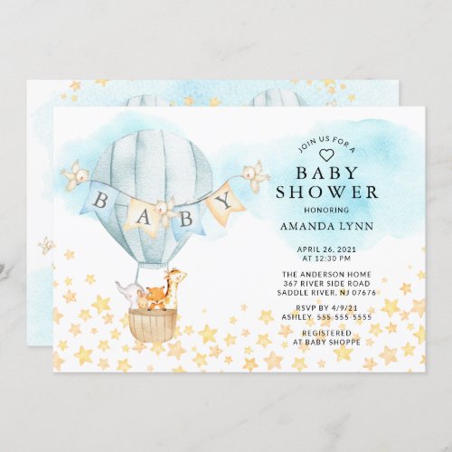 Baby Animals Hot Air Balloon Baby Boys Shower Invitation
