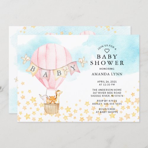 Baby Animals Hot Air Balloon Baby Girl Shower Invitation