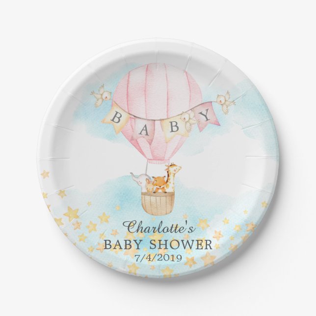 Baby Animals Hot Air Balloon Baby Shower 7" Plate (Front)