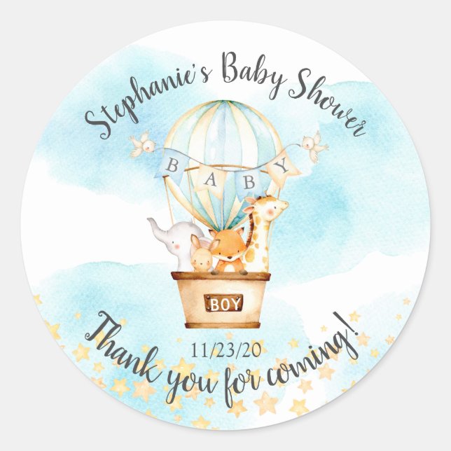 Baby Animals Hot Air Balloon Baby Shower Favor Classic Round Sticker (Front)