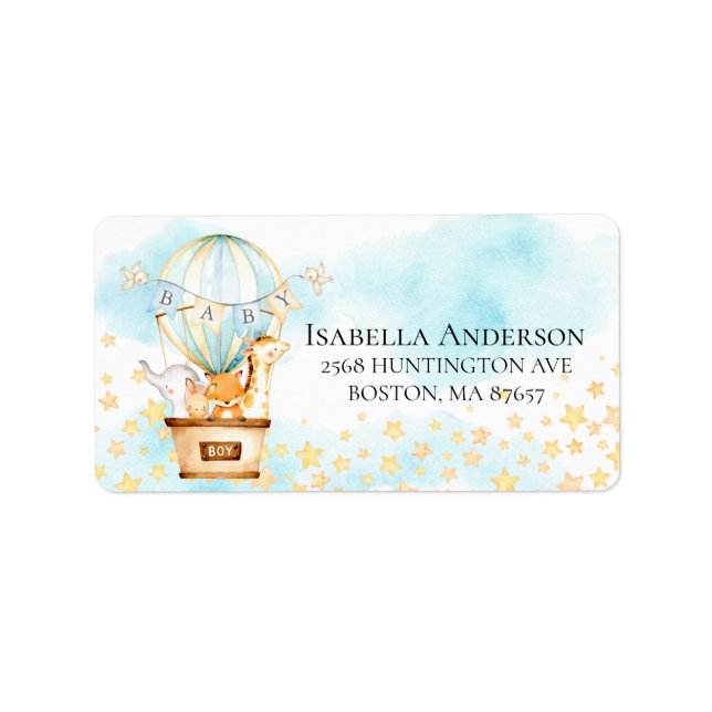 Baby Animals Hot Air Balloon Baby Shower Label (Front)