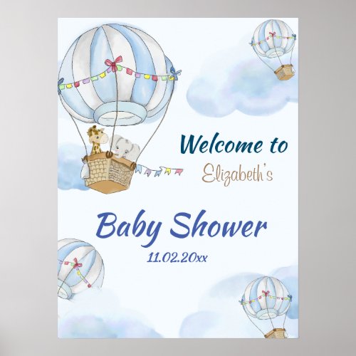 Baby Animals Hot Air Balloon Baby Shower  Poster