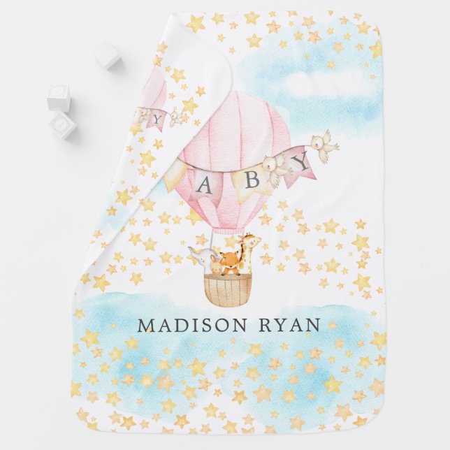 Baby Animals Hot Air Balloon Girls Baby Blanket (In Situ)