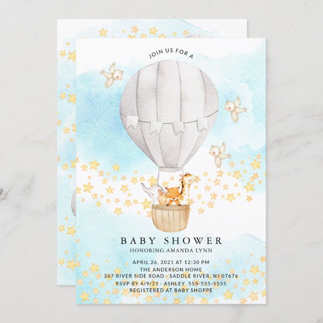 Baby Animals Hot Air Balloon Neutral Baby Shower Invitation (Front/Back)