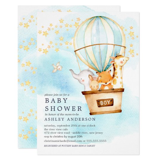 Baby Animals Hot Air Balloon Ride Baby Boy Shower Invitation