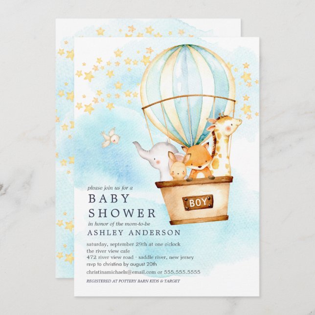 Baby Animals Hot Air Balloon Ride Baby Boy Shower Invitation (Front/Back)