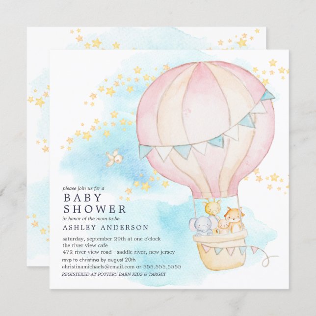 Baby Animals Hot Air Balloon Ride Baby Girl Shower Invitation (Front/Back)