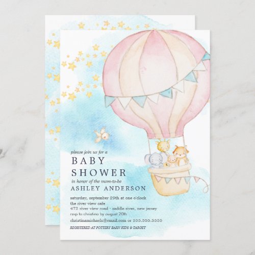 Baby Animals Hot Air Balloon Ride Baby Girl Shower Invitation
