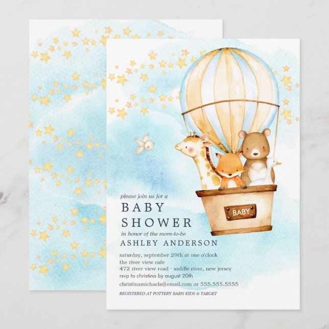 Baby Animals Hot Air Balloon Ride Baby Shower Invitation (Front/Back)
