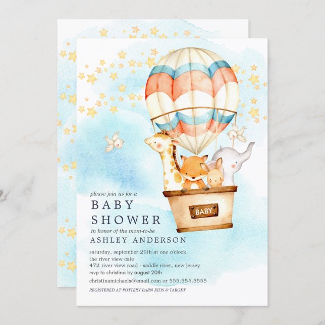 Baby Animals Hot Air Balloon Ride Baby Shower Invitation (Front/Back)