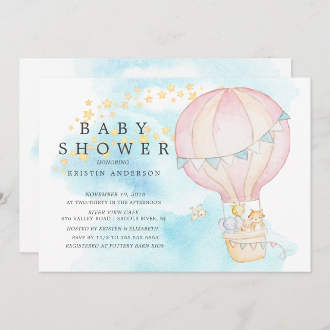 Baby Animals Hot Air Balloon Ride  Baby Shower Invitation (Front/Back)