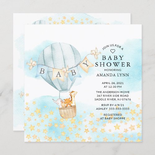 Baby Animals Hot Air Balloon Ride Boys Baby Shower Invitation
