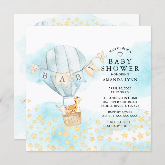 Baby Animals Hot Air Balloon Ride Boys Baby Shower Invitation (Front/Back)