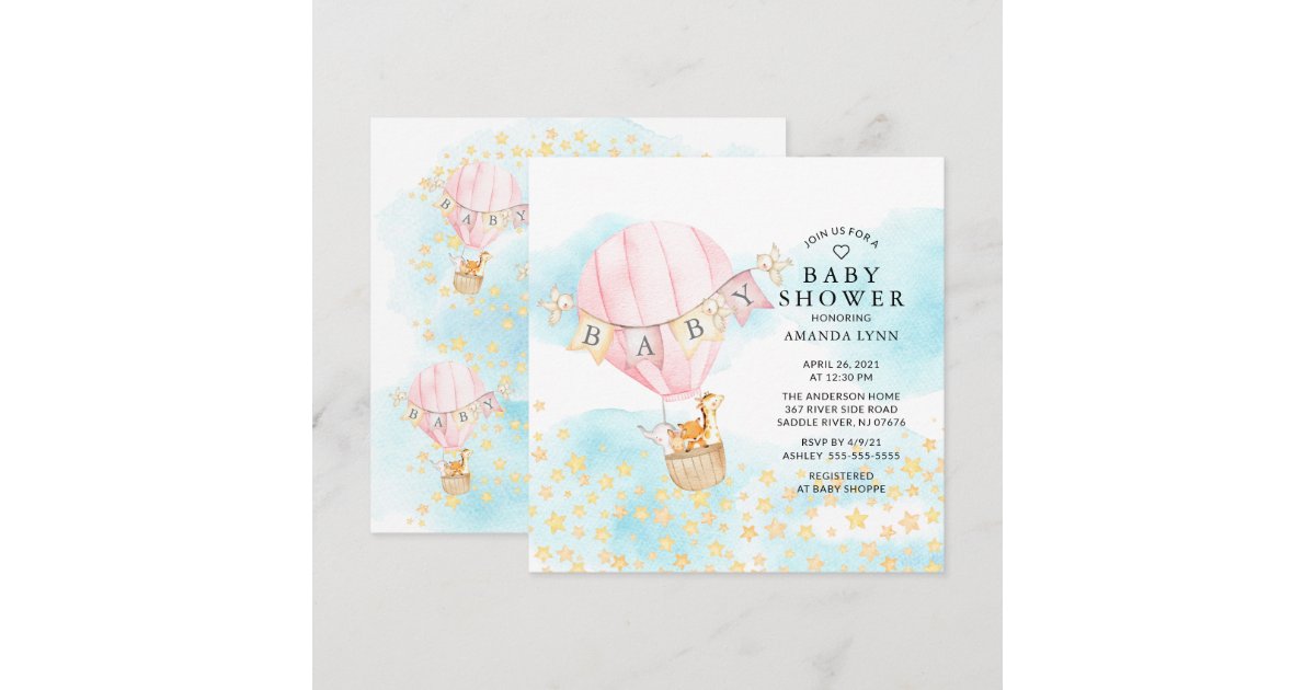 Baby Animals Hot Air Balloon Ride Girl Baby Shower Invitation | Zazzle