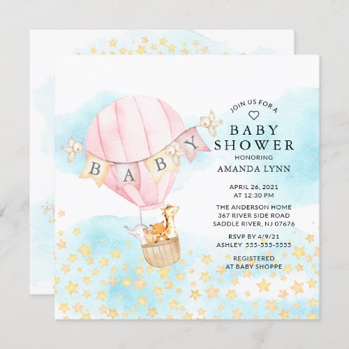 Baby Animals Hot Air Balloon Ride Girl Baby Shower Invitation