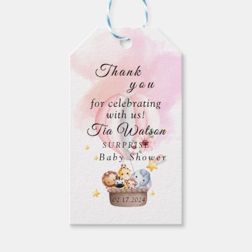 Baby Animals in a Pink Hot Air Balloon Gift Tag