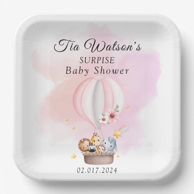 Baby Animals in a Pink Hot Air Balloon Paper Plate (Front)