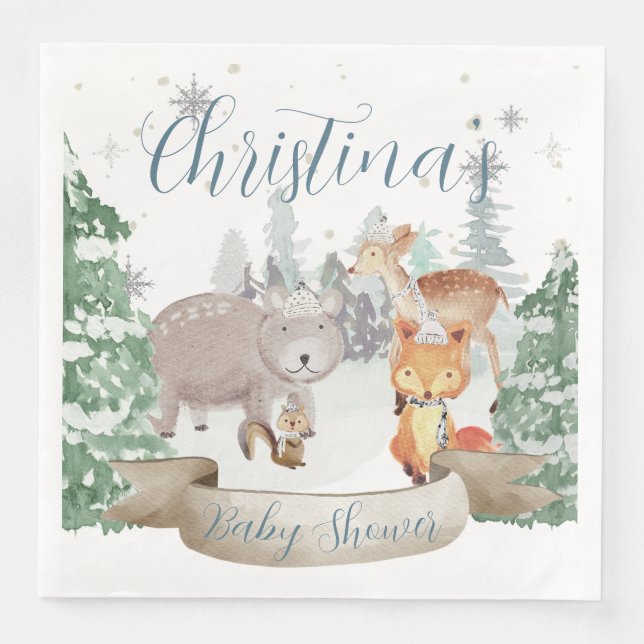 Baby Animals in a White Woodland Winter Forest Paper Dinner Napkins (Front)
