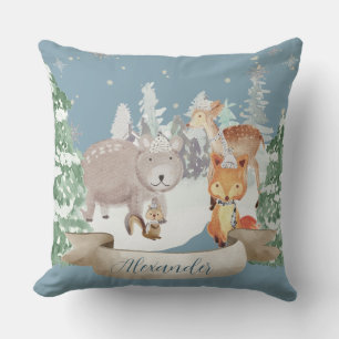 Baby Animals in a Woodland Winter Forest on Blue Throw Pillow