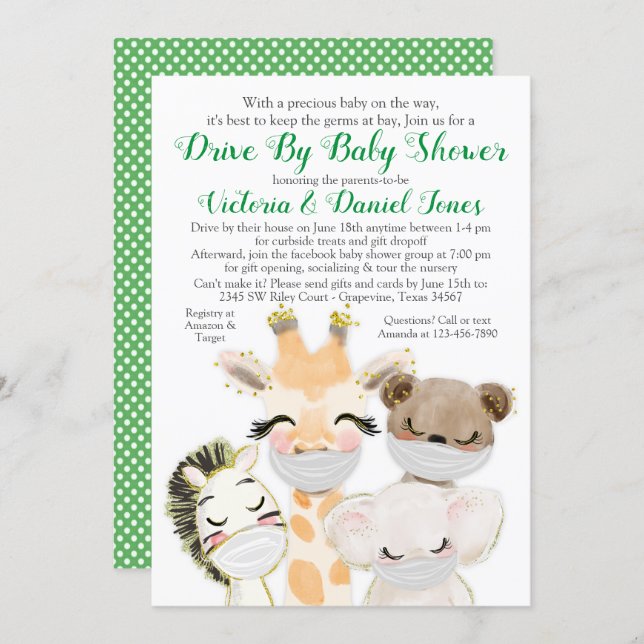 Baby Animals in Masks Drive By Covid Baby Shower Invitation (Front/Back)