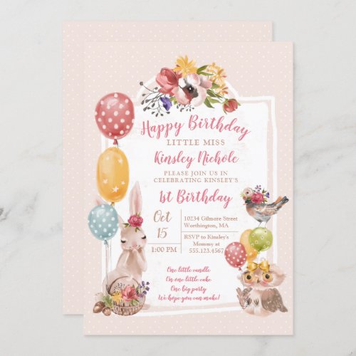 Baby Animals Little Girl Polka Dots Birthday Party Invitation