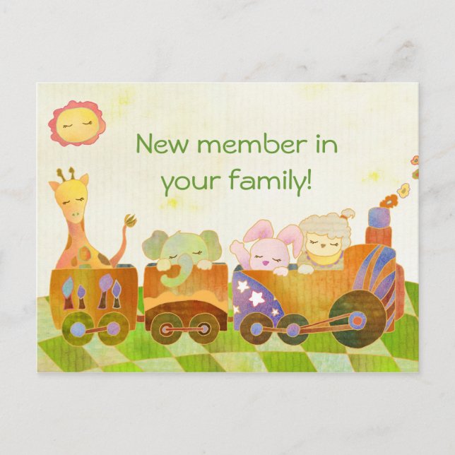 Baby Animals on Choo Choo Train: New Baby Postcard (Front)