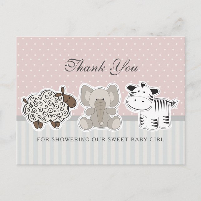 Baby Animals Pink Baby Shower Thank You Postcard (Front)
