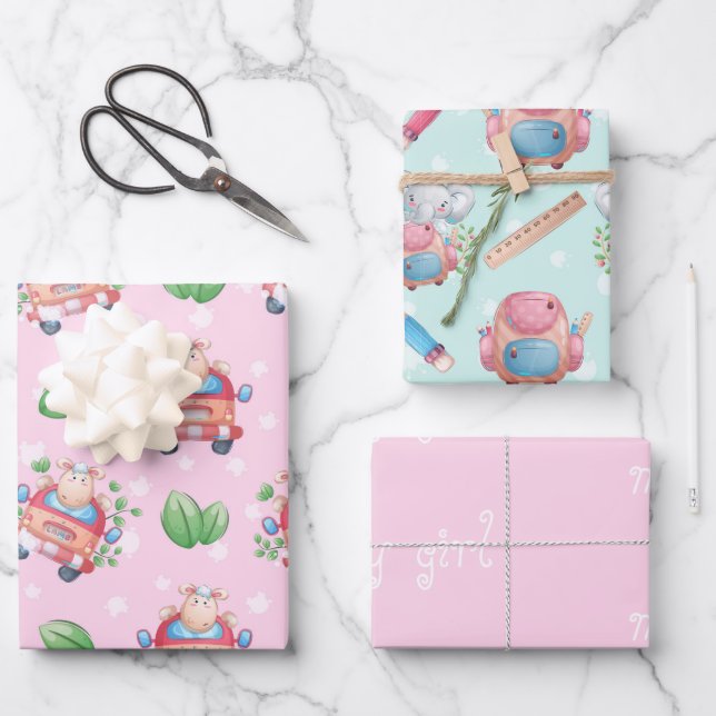 Baby Animals Pink for Girl  Wrapping Paper Sheets (Front)