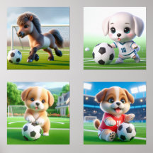 Baby Animals Playing Football Soccer Wall Art Set