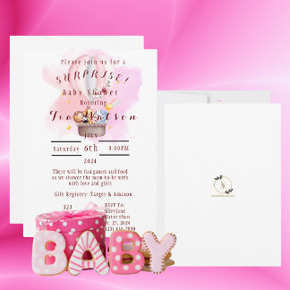 Baby Animals Safari In Pink Hot Air Balloon Invitation