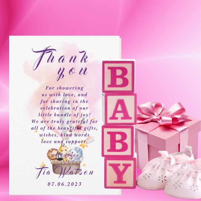 Baby Animals Safari In Pink Hot Air Balloon Note Card (Creator Uploaded)