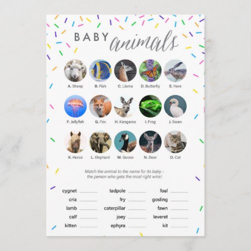 Baby Animals Shower Game Card _ Sprinkles Themed