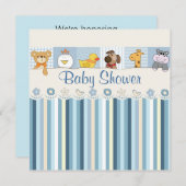 Baby Animals & Stripes Blue Baby Shower Invitation (Front/Back)